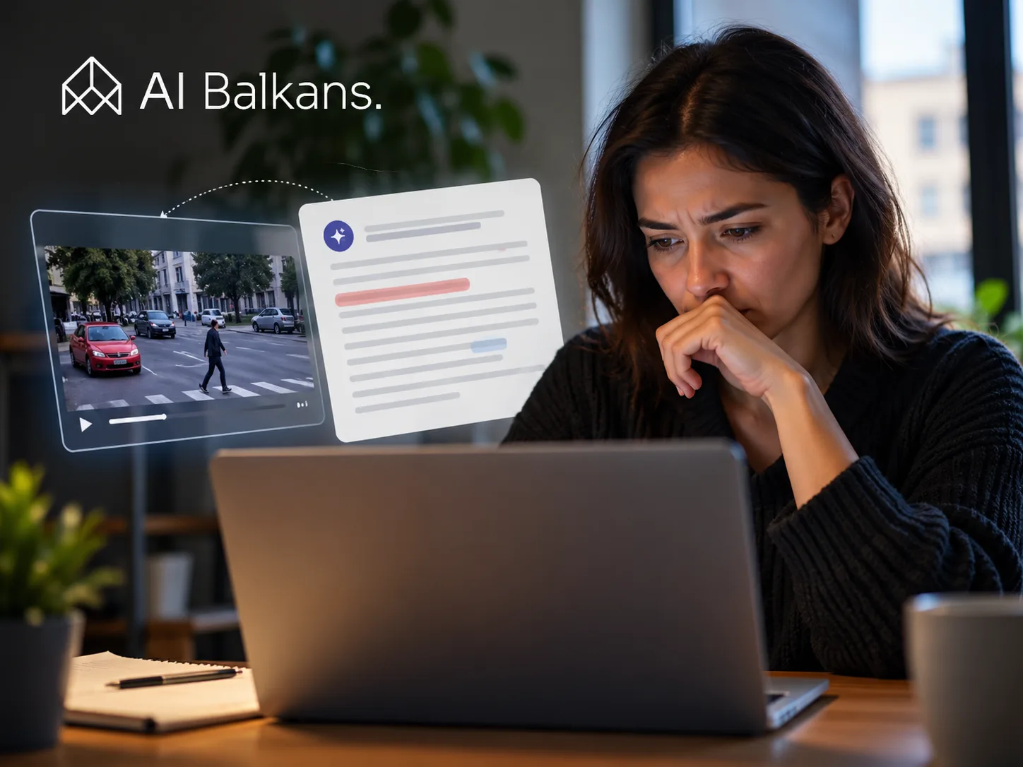 A woman looks at a laptop beside the AI Balkans logo and floating graphics of a video and an AI text summary.